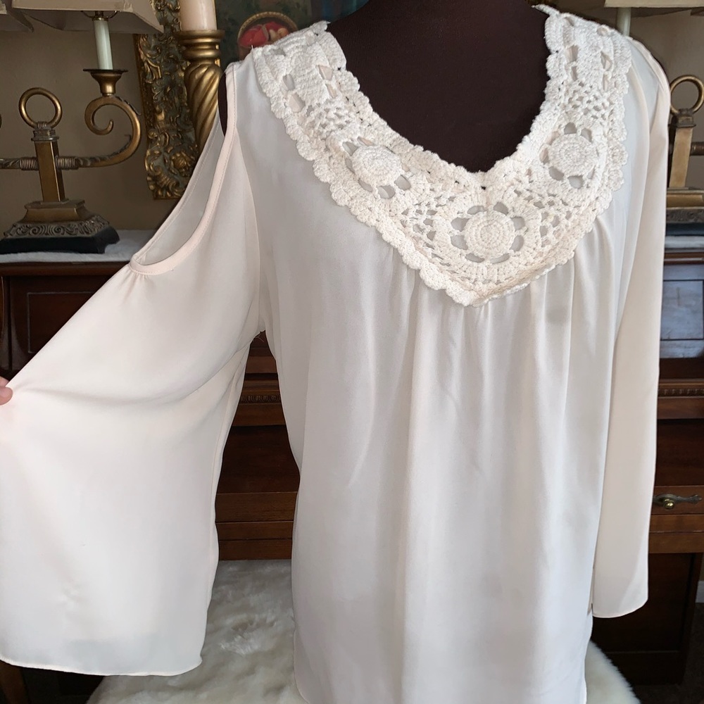 Flowy Blouse Flare Cutout Sleeves Crochet Detail